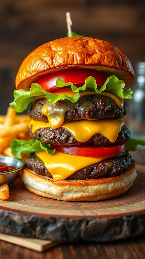 A delicious 7-Eleven inspired burger with beef patty, cheese, lettuce, and tomato on a toasted bun, served with fries.